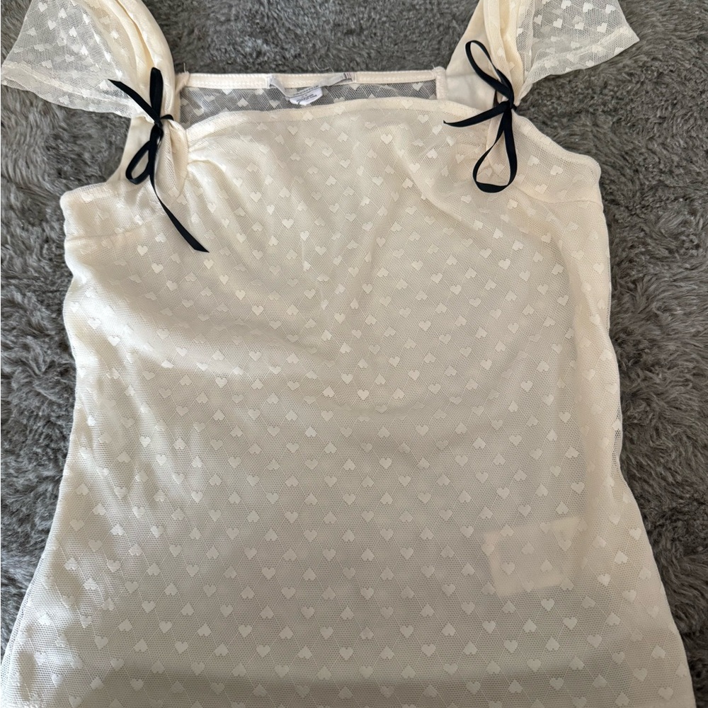 Kimchi Blue Cream Blouse with Black Ribbon Detail